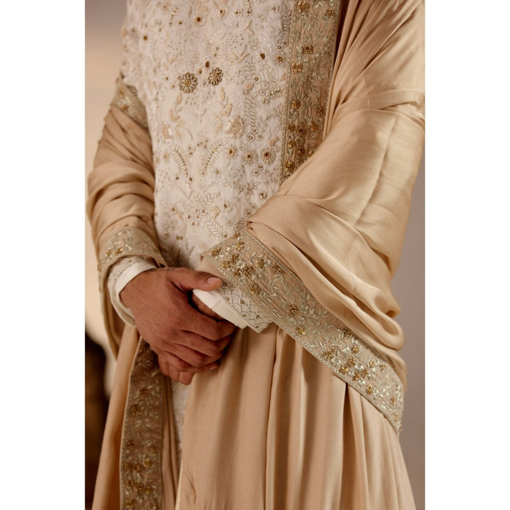 Jatin Malik Ivory & Gold Sherwani with Stole & Safa (Set of 5)