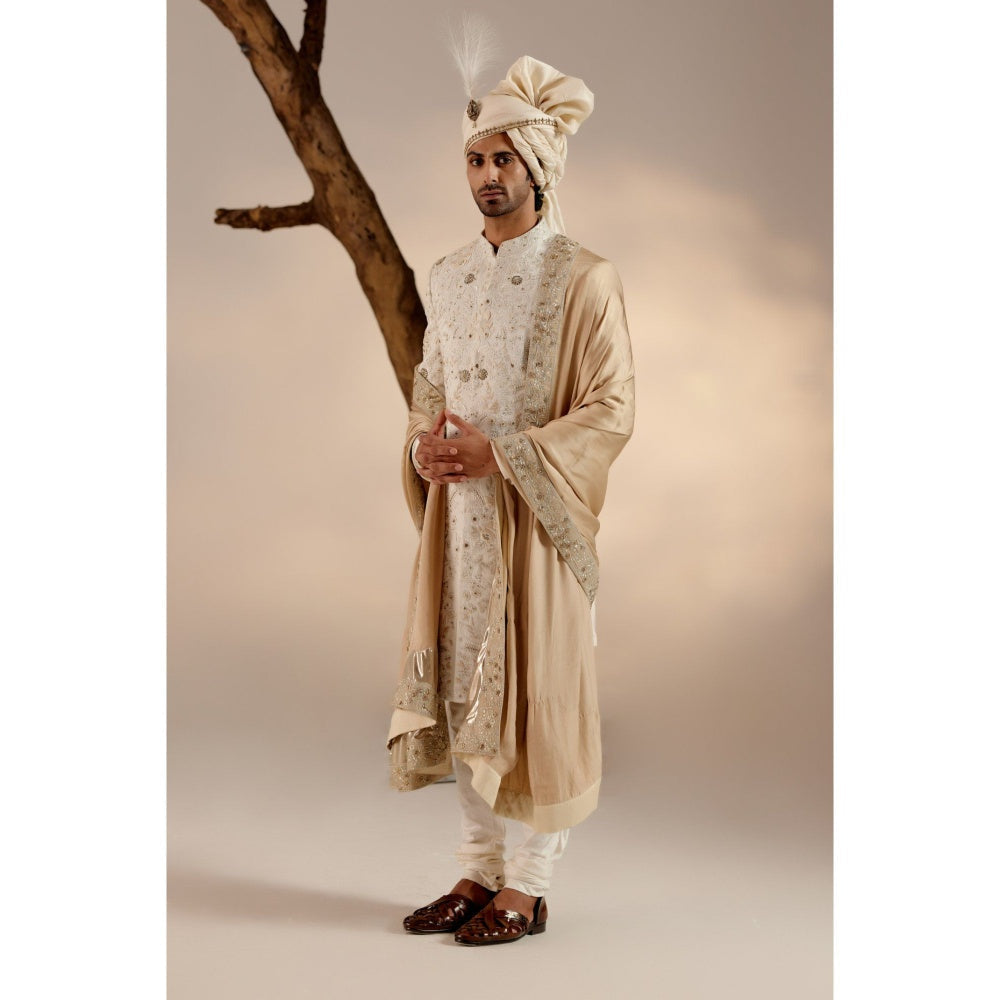 Jatin Malik Ivory & Gold Sherwani with Stole & Safa (Set of 5)