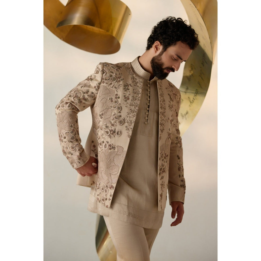 Jatin Malik Sand Grey Short Jacket with Kurta & Trouser (Set of 3)