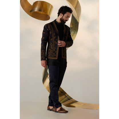 Jatin Malik Black & Gold Short Jacket with Kurta & Trouser (Set of 3)