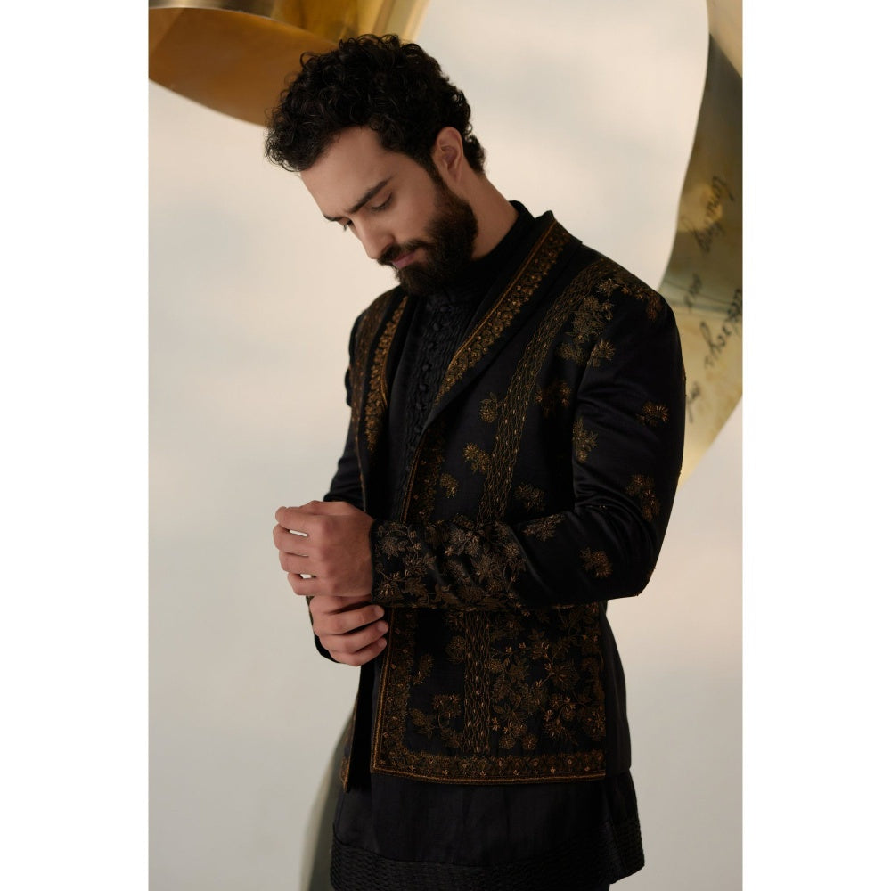 Jatin Malik Black & Gold Short Jacket with Kurta & Trouser (Set of 3)