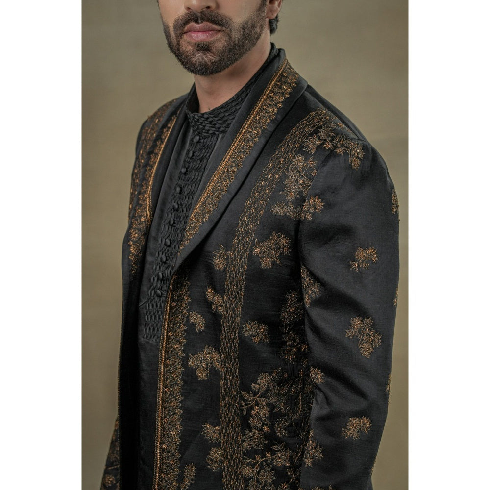 Jatin Malik Black & Gold Short Jacket with Kurta & Trouser (Set of 3)