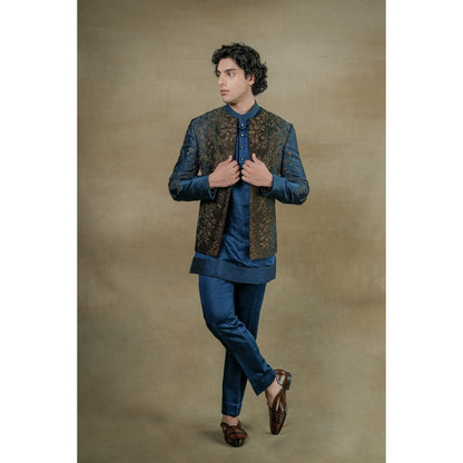 Jatin Malik Teal & Brown Short Jacket with Kurta & Trouser (Set of 3)