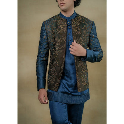 Jatin Malik Teal & Brown Short Jacket with Kurta & Trouser (Set of 3)