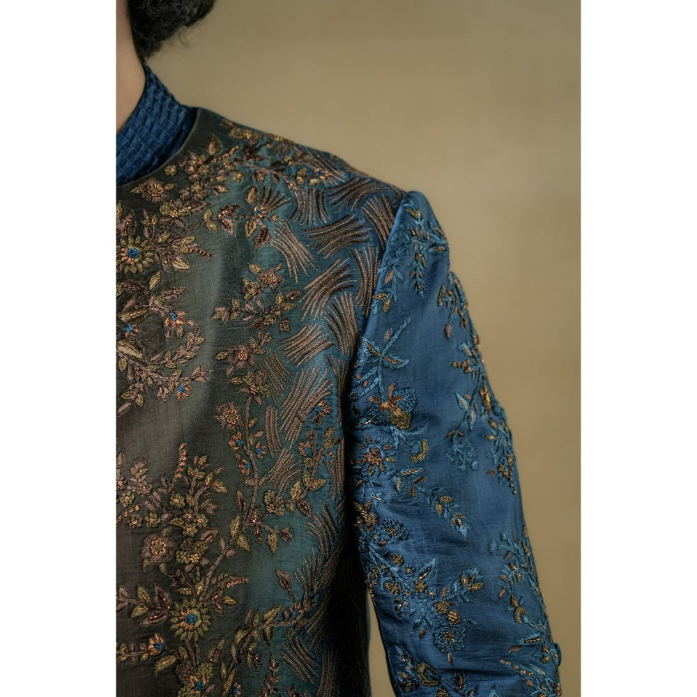 Jatin Malik Teal & Brown Short Jacket with Kurta & Trouser (Set of 3)