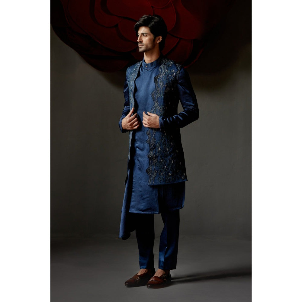 Jatin Malik Dusky Blue Shrug with Kurta & Trouser (Set of 3)