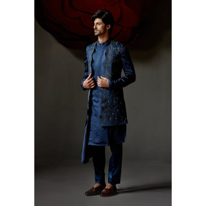 Jatin Malik Dusky Blue Shrug with Kurta & Trouser (Set of 3)