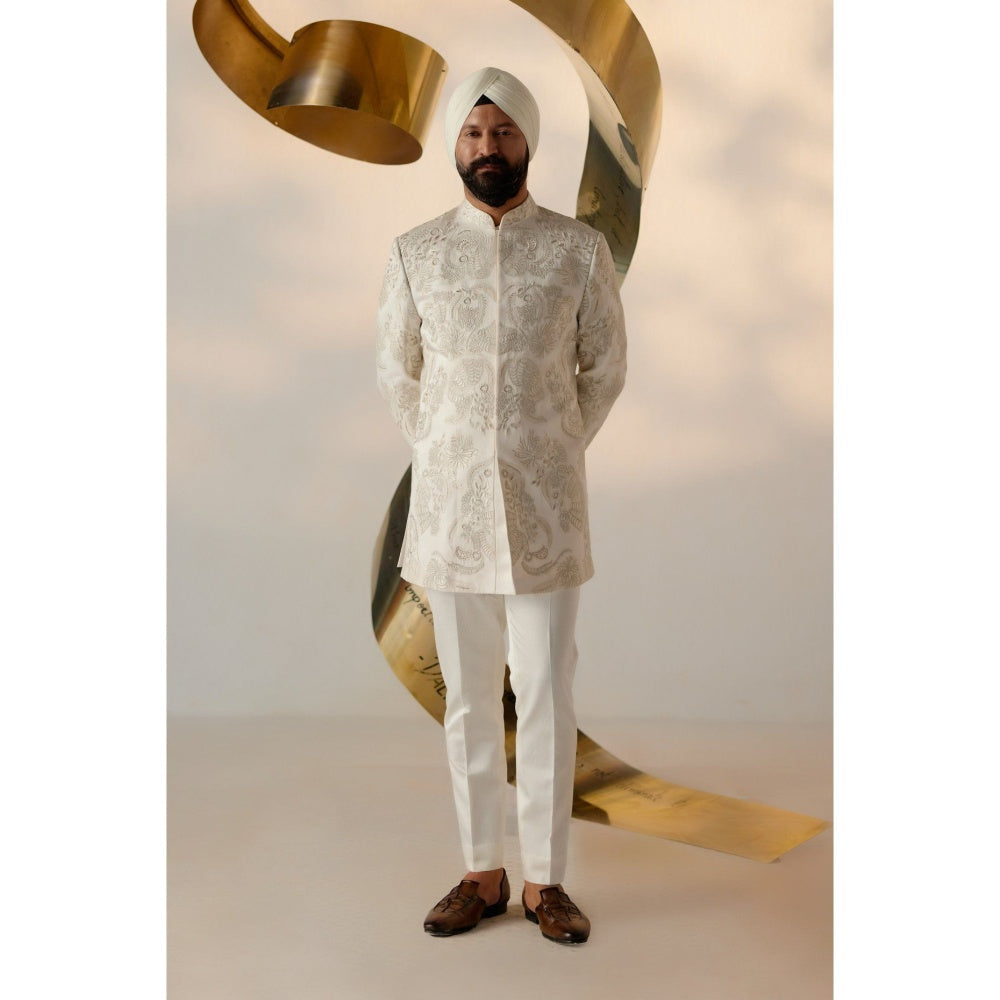 Jatin Malik Mother of Pearl Long Bandhgala with Trouser (Set of 2)