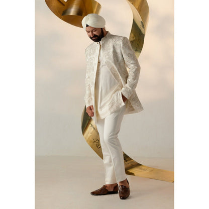 Jatin Malik Mother of Pearl Long Bandhgala with Trouser (Set of 2)