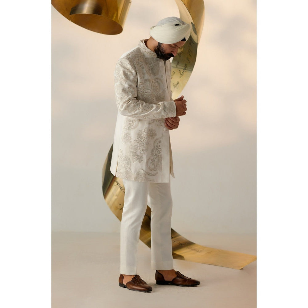 Jatin Malik Mother of Pearl Long Bandhgala with Trouser (Set of 2)