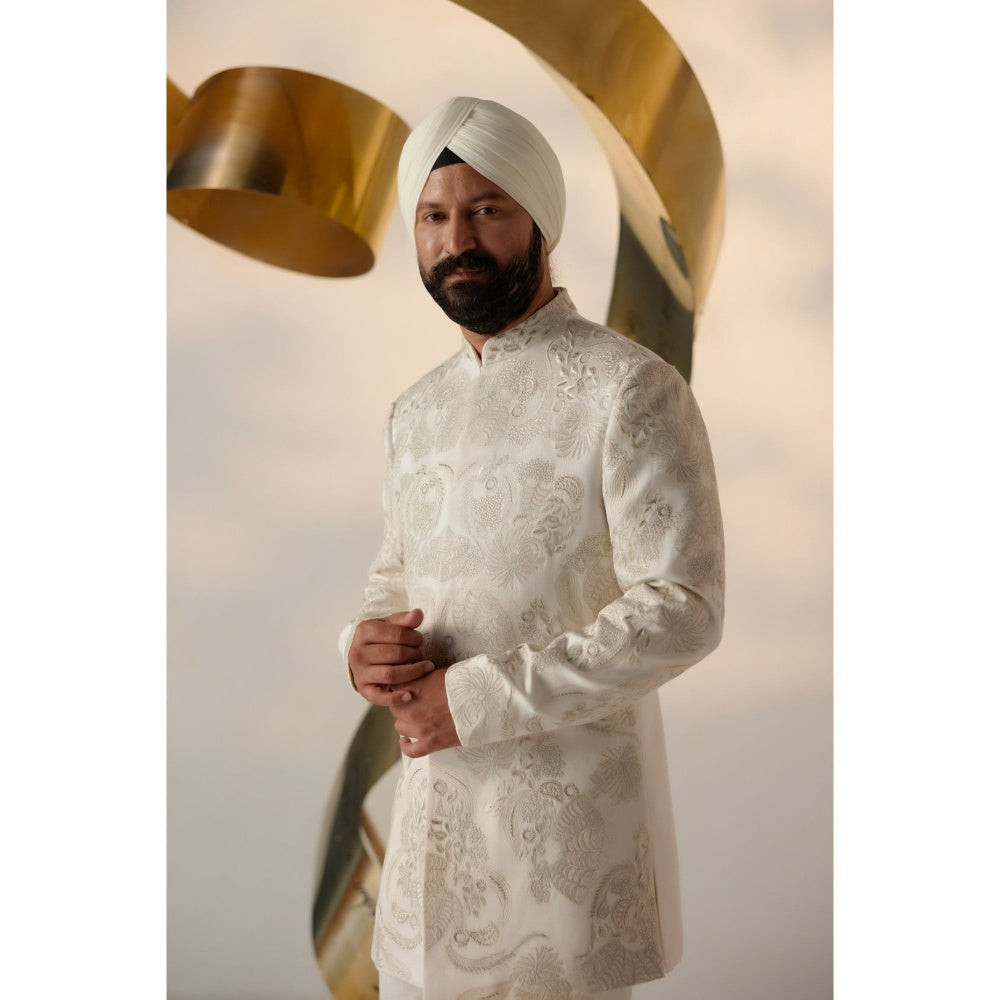 Jatin Malik Mother of Pearl Long Bandhgala with Trouser (Set of 2)
