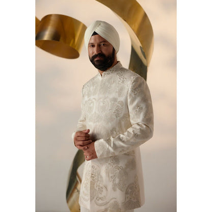 Jatin Malik Mother of Pearl Long Bandhgala with Trouser (Set of 2)