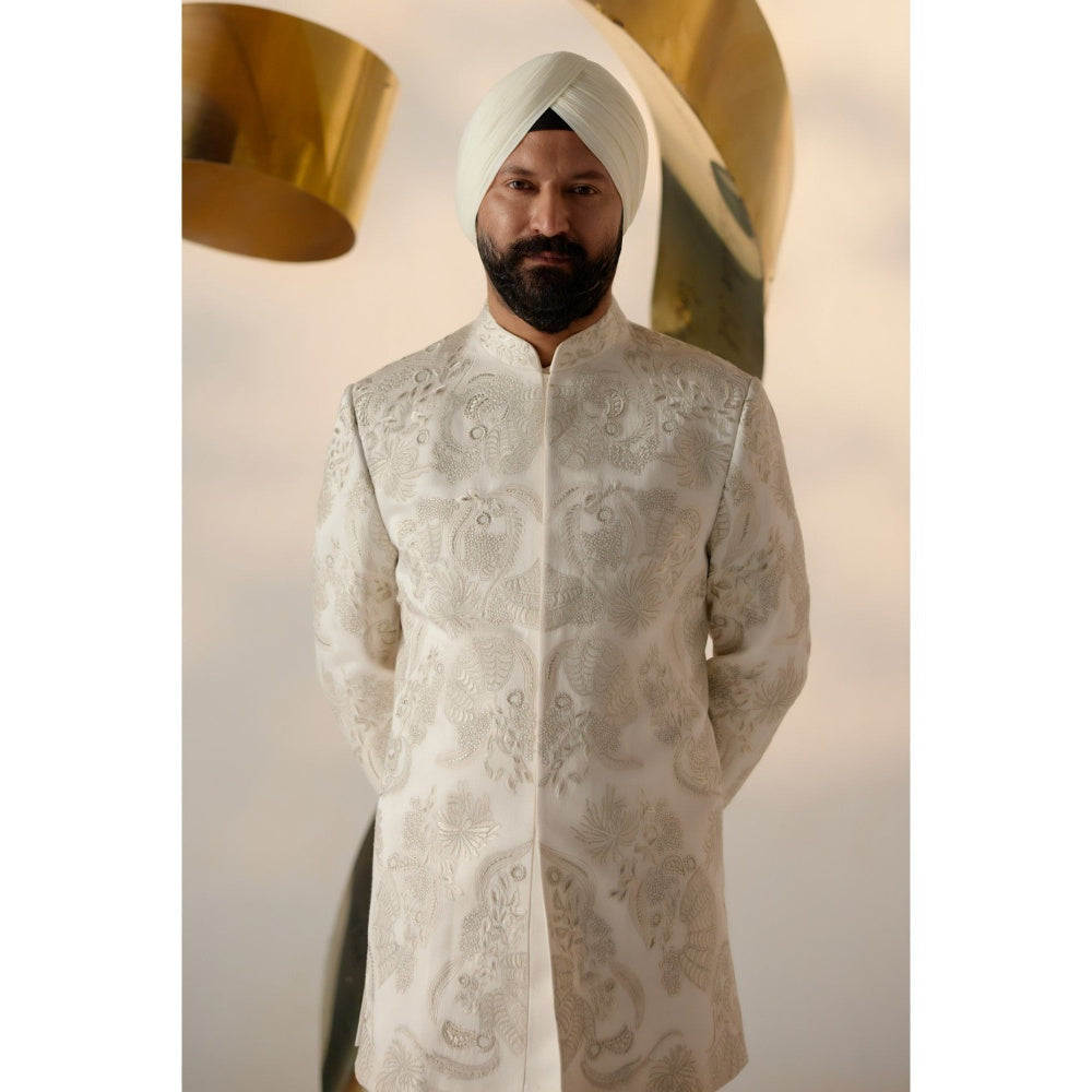 Jatin Malik Mother of Pearl Long Bandhgala with Trouser (Set of 2)
