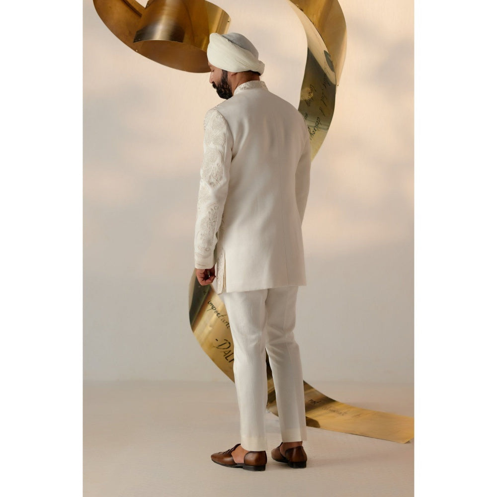Jatin Malik Mother of Pearl Long Bandhgala with Trouser (Set of 2)