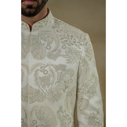 Jatin Malik Mother of Pearl Long Bandhgala with Trouser (Set of 2)