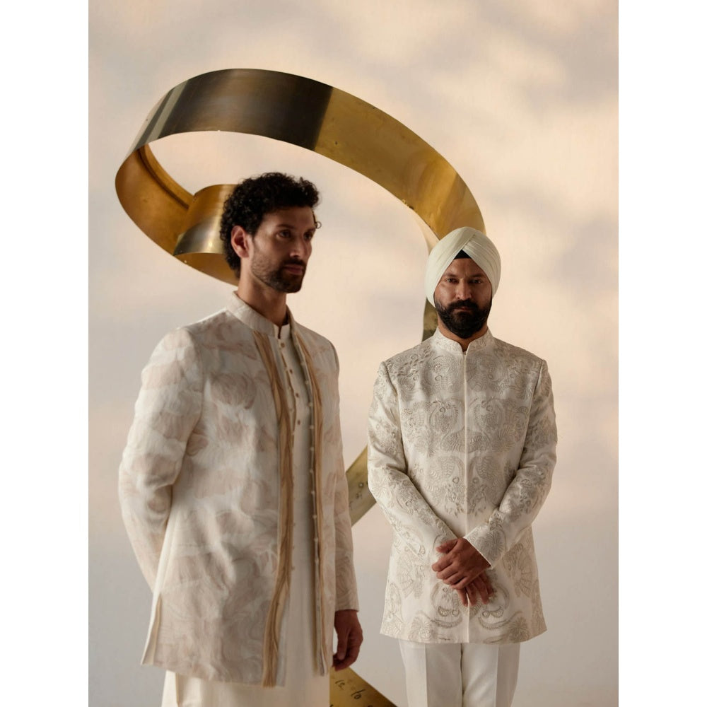 Jatin Malik Mother of Pearl Long Bandhgala with Trouser (Set of 2)