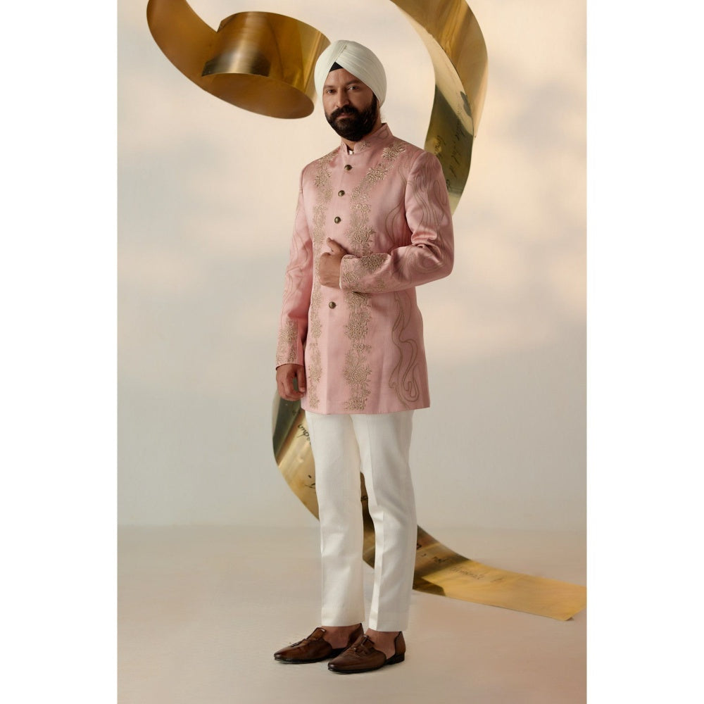 Jatin Malik Rose Quartz Long Bandhgala with Trouser (Set of 2)