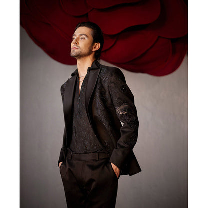 Jatin Malik Pitch Black Tuxedo with Shirt & Trouser (Set of 3)