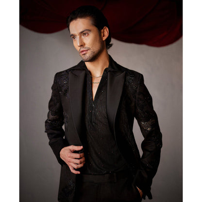 Jatin Malik Pitch Black Tuxedo with Shirt & Trouser (Set of 3)