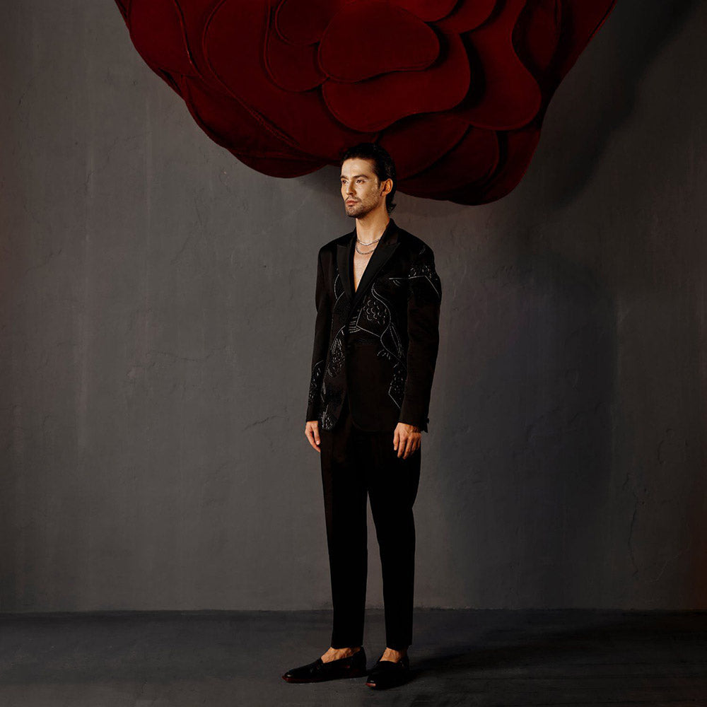 Jatin Malik Pique Black Tuxedo with Shirt & Trouser (Set of 3)