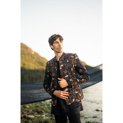 Jatin Malik Midnight Canyon Short Jacket with Kurta and Trouser (Set of 3)