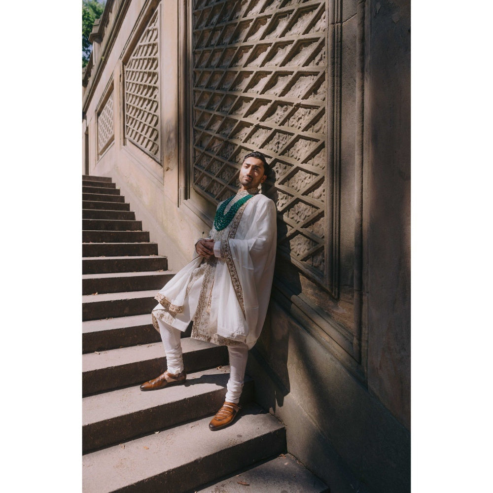 Jatin Malik Moonlit Pearl Sherwani Kurta with Churidar and Stole (Set of 4)