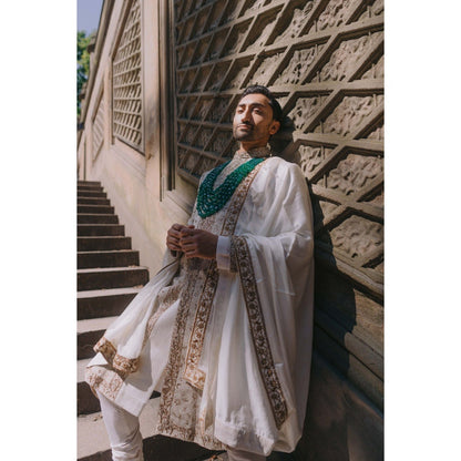 Jatin Malik Moonlit Pearl Sherwani Kurta with Churidar and Stole (Set of 4)