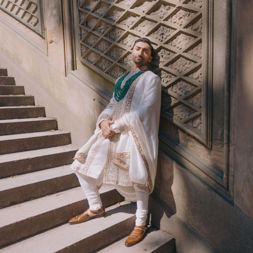 Jatin Malik Moonlit Pearl Sherwani Kurta with Churidar and Stole (Set of 4)