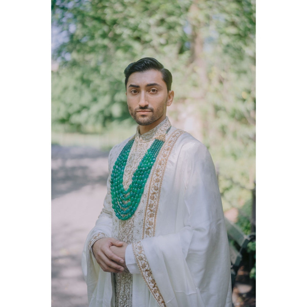 Jatin Malik Moonlit Pearl Sherwani Kurta with Churidar and Stole (Set of 4)