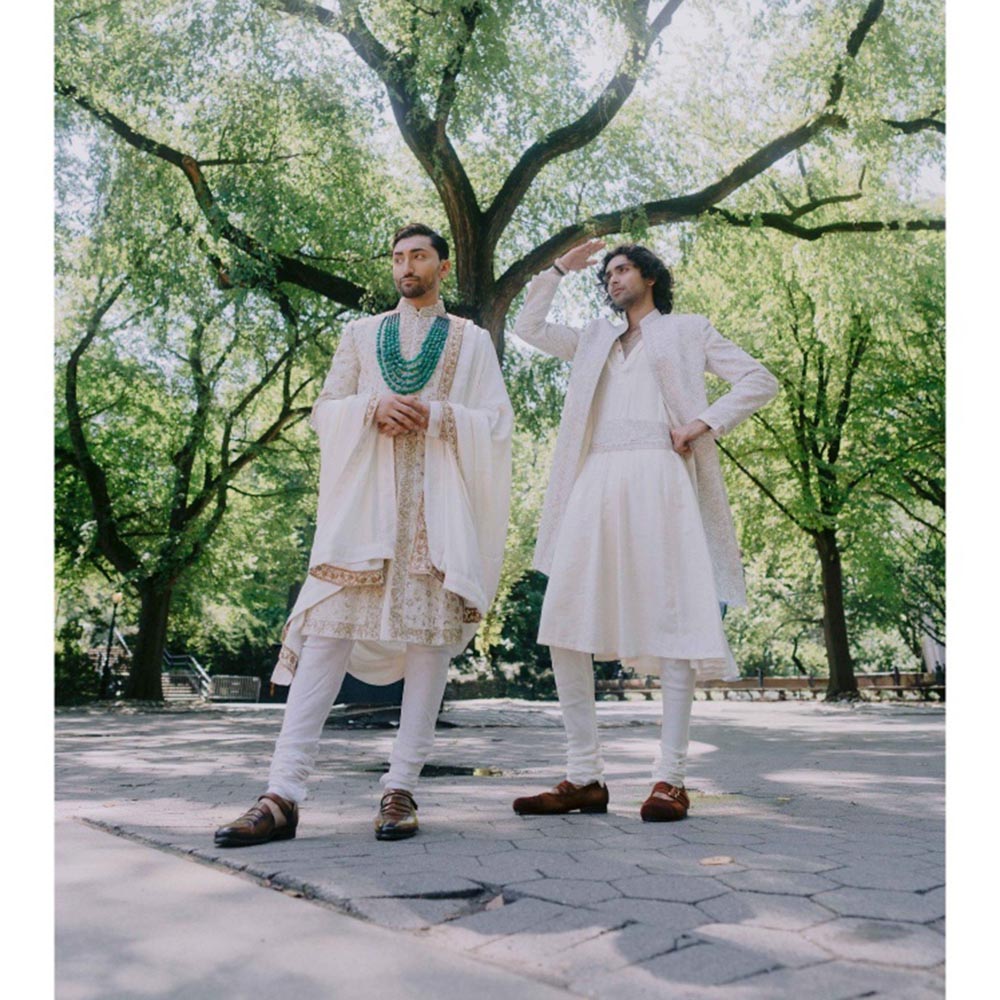 Jatin Malik Moonlit Pearl Sherwani Kurta with Churidar and Stole (Set of 4)