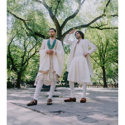 Jatin Malik Moonlit Pearl Sherwani Kurta with Churidar and Stole (Set of 4)