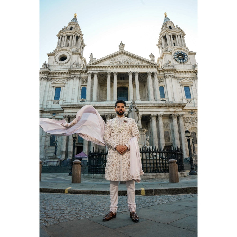 Jatin Malik Blush Sherwani Kurta with Churidar and Stole (Set of 4)