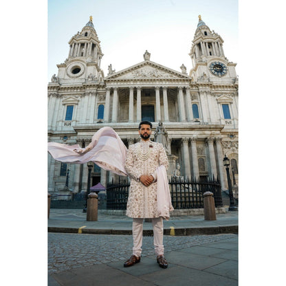 Jatin Malik Blush Sherwani Kurta with Churidar and Stole (Set of 4)