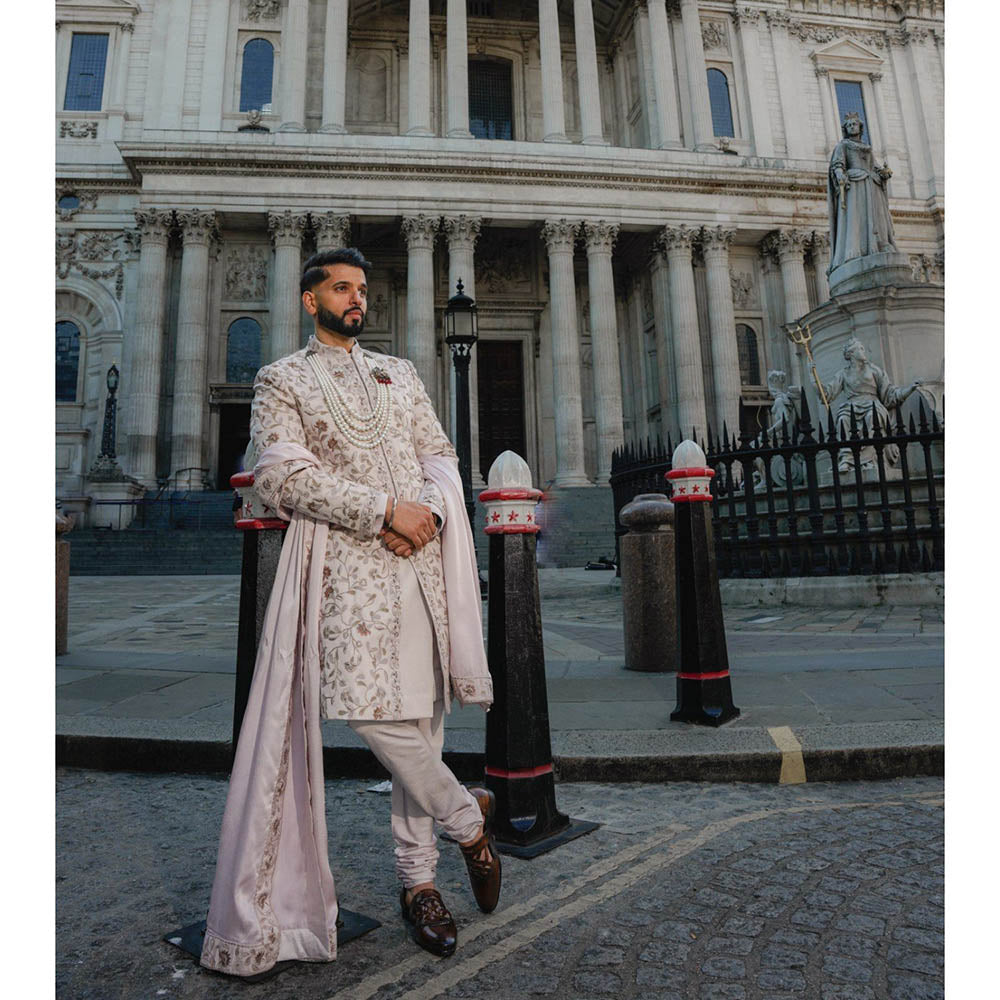 Jatin Malik Blush Sherwani Kurta with Churidar and Stole (Set of 4)