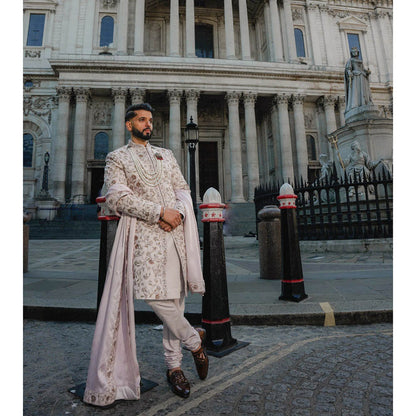 Jatin Malik Blush Sherwani Kurta with Churidar and Stole (Set of 4)