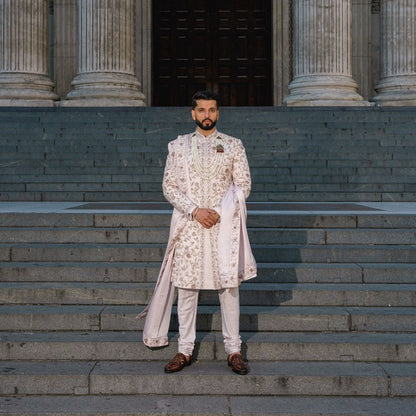 Jatin Malik Blush Sherwani Kurta with Churidar and Stole (Set of 4)