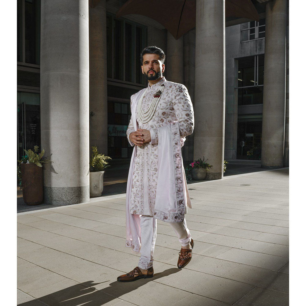 Jatin Malik Blush Sherwani Kurta with Churidar and Stole (Set of 4)