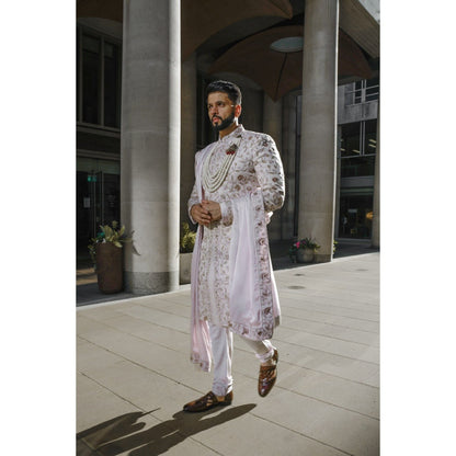 Jatin Malik Blush Sherwani Kurta with Churidar and Stole (Set of 4)