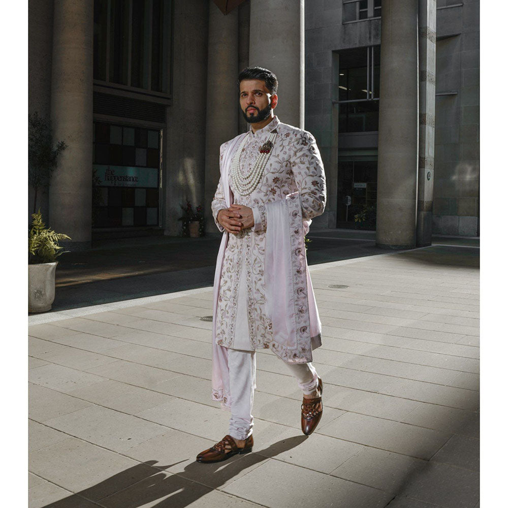 Jatin Malik Blush Sherwani Kurta with Churidar and Stole (Set of 4)