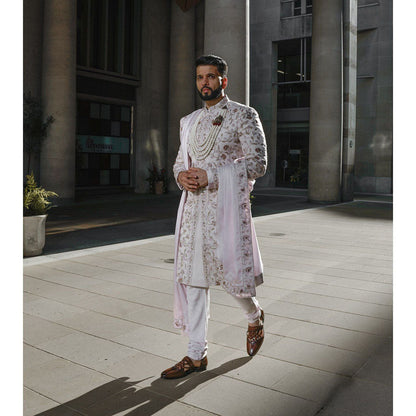 Jatin Malik Blush Sherwani Kurta with Churidar and Stole (Set of 4)