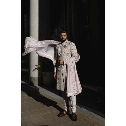 Jatin Malik Blush Sherwani Kurta with Churidar and Stole (Set of 4)