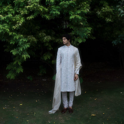 Jatin Malik Rose Sherwani Kurta with Churidar and Stole (Set of 4)