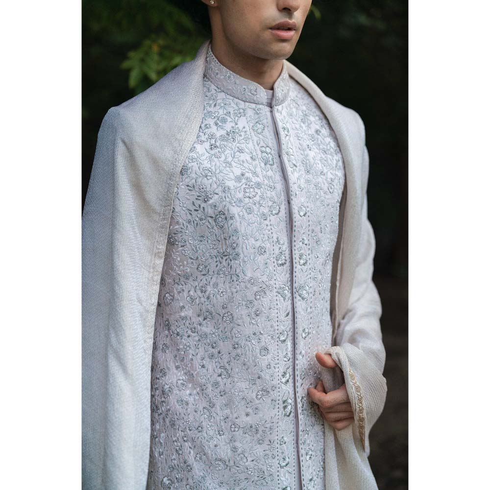 Jatin Malik Rose Sherwani Kurta with Churidar and Stole (Set of 4)