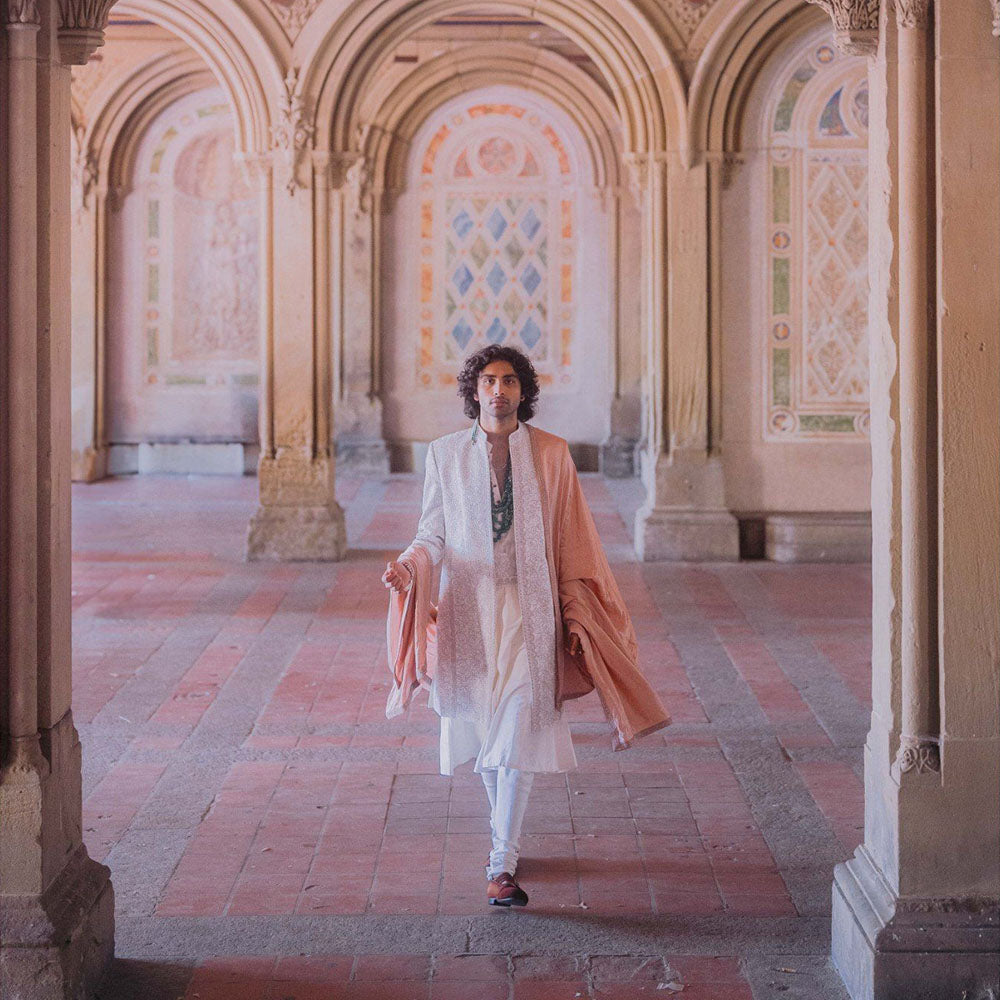 Jatin Malik Whisper Sherwani Kurta with Churidar and Stole & Kamar Band (Set of 5)