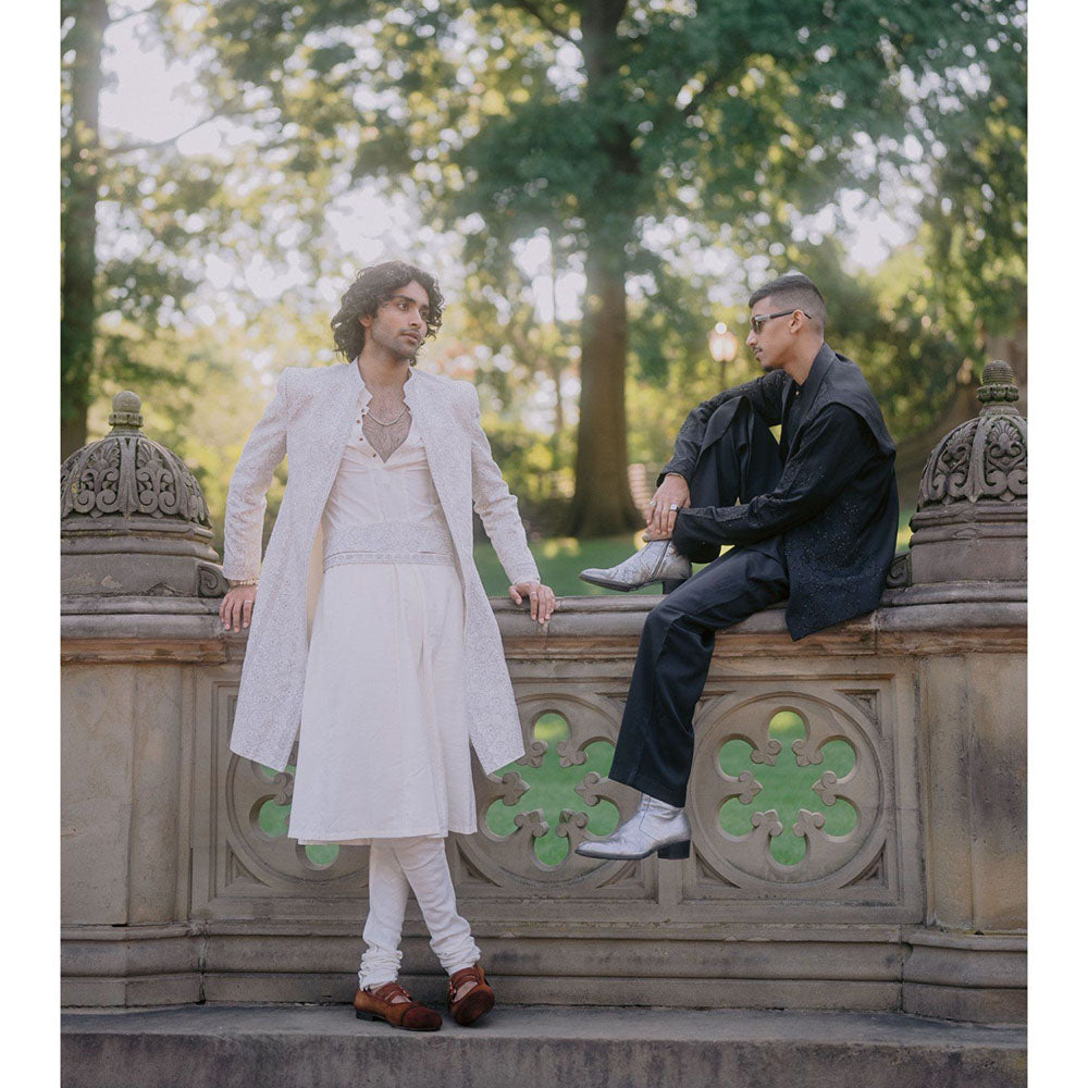 Jatin Malik Whisper Sherwani Kurta with Churidar and Stole & Kamar Band (Set of 5)