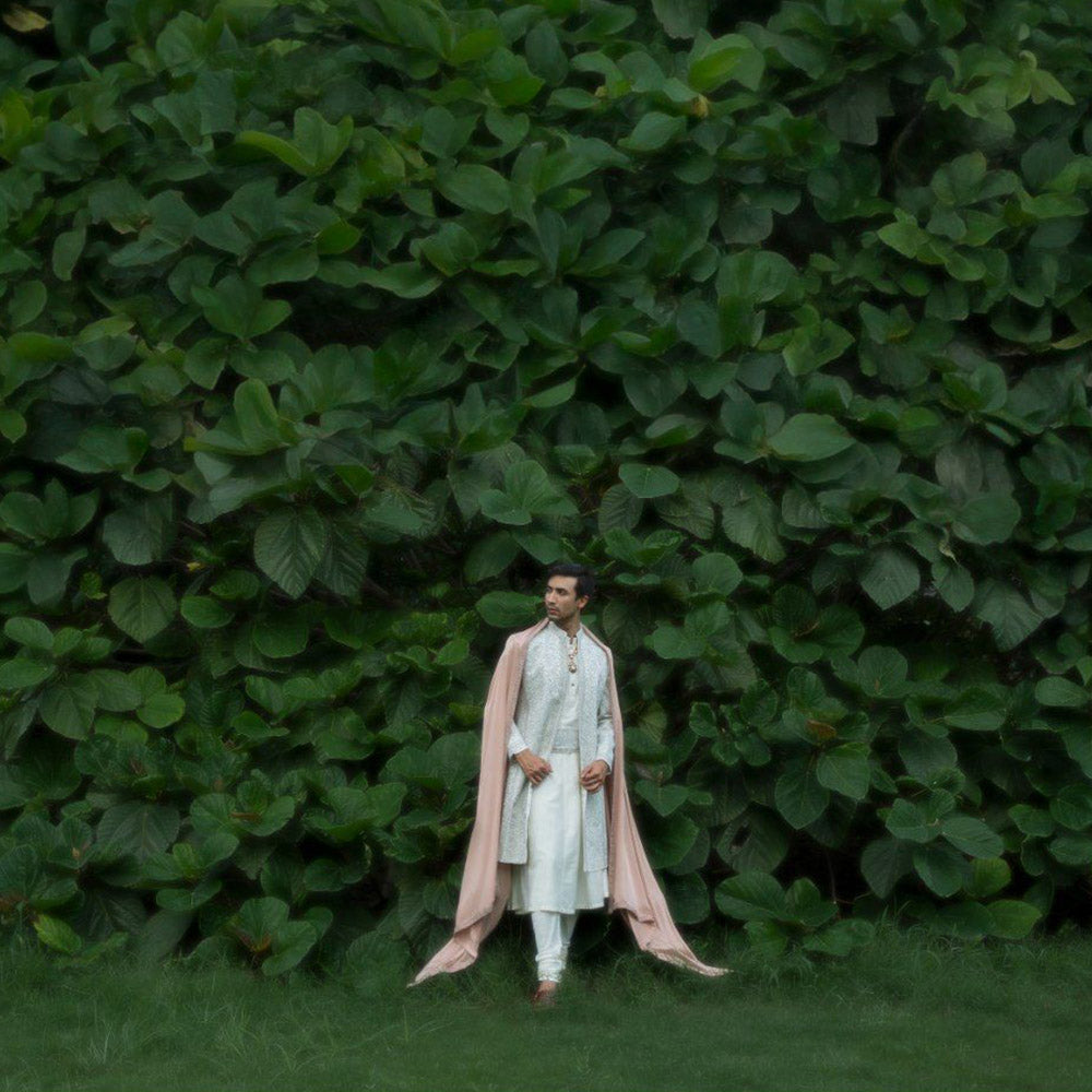 Jatin Malik Whisper Sherwani Kurta with Churidar and Stole & Kamar Band (Set of 5)