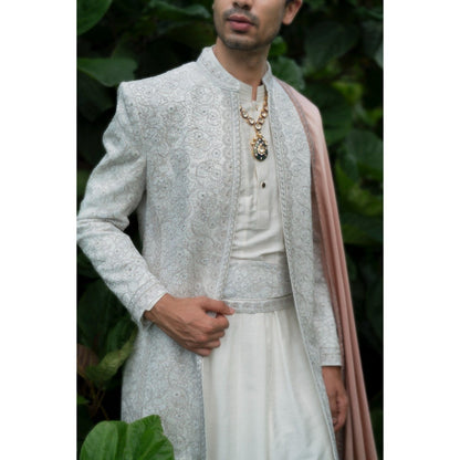 Jatin Malik Whisper Sherwani Kurta with Churidar and Stole & Kamar Band (Set of 5)