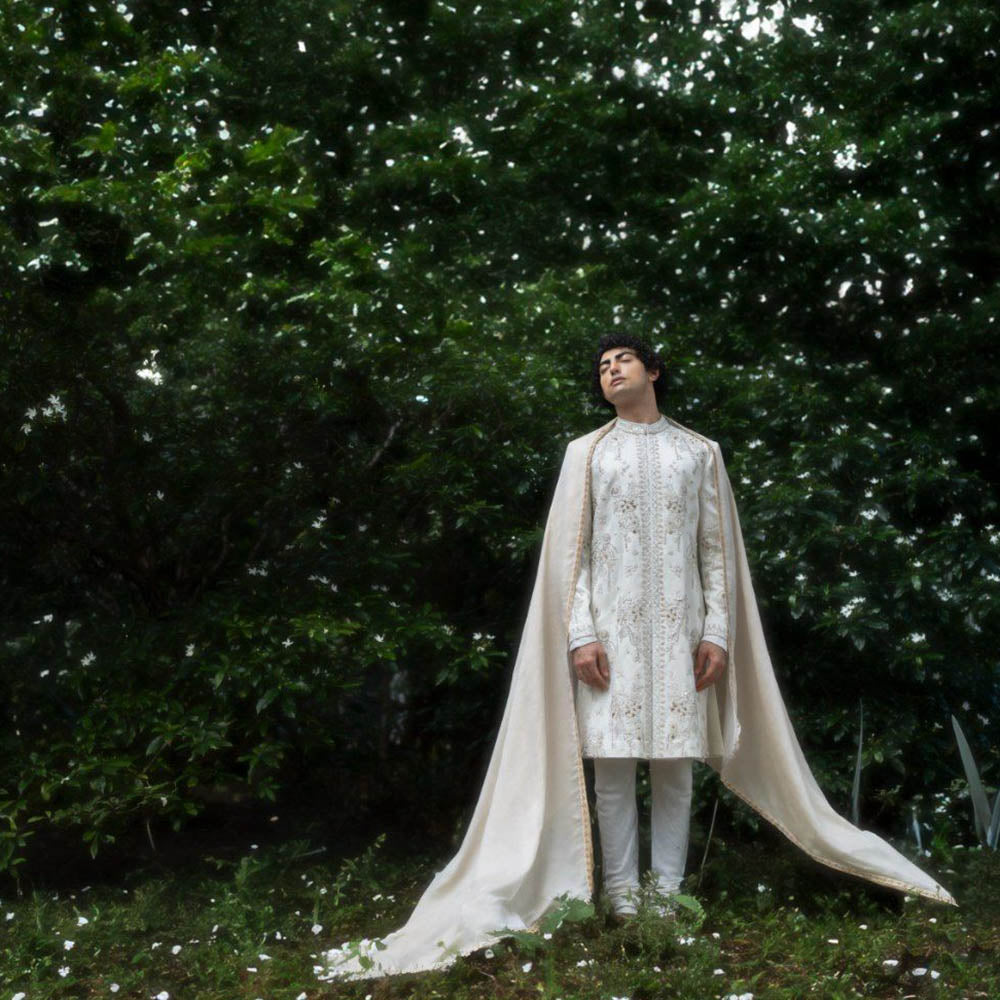 Jatin Malik Wisteria Sherwani Kurta with Churidar and Stole (Set of 4)