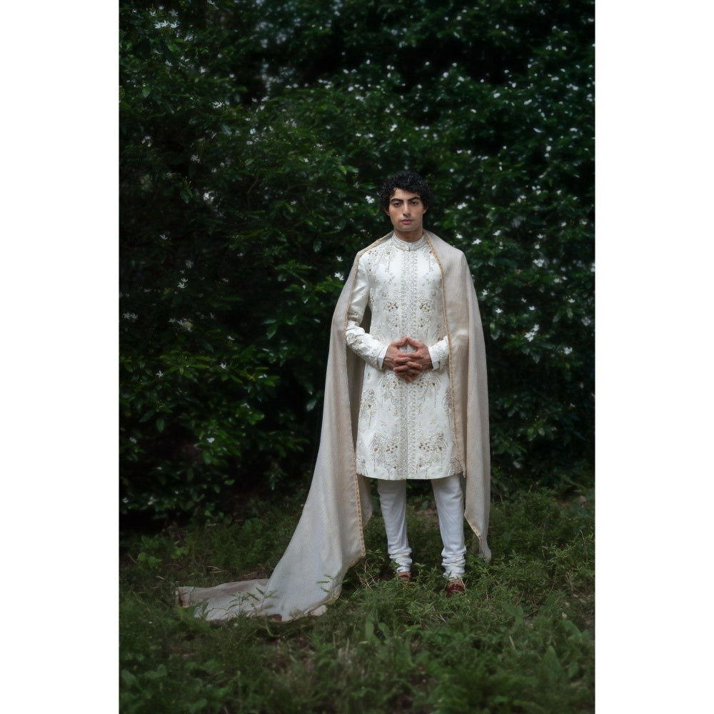 Jatin Malik Wisteria Sherwani Kurta with Churidar and Stole (Set of 4)