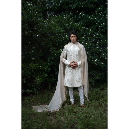 Jatin Malik Wisteria Sherwani Kurta with Churidar and Stole (Set of 4)